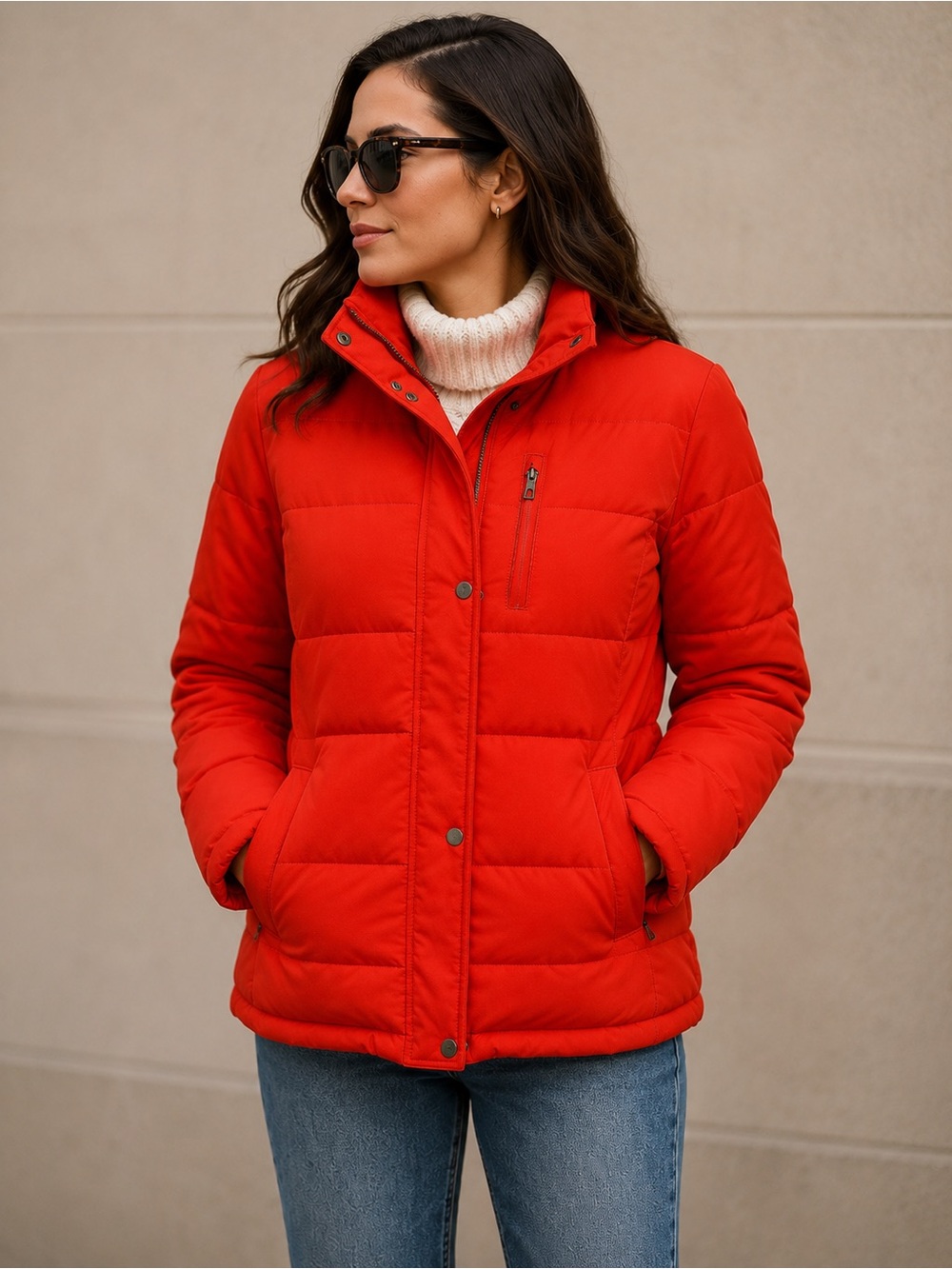 Lands’ End Lipstick Red Down Puffer Jacket Funnel Collar Winter Size Small 6-8